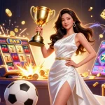 Experience the thrill of winning at haywin with a stunning illustration of a triumphant Asian woman and exciting gaming elements.