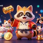 Tải app Luck8 cho iOS & Android - Experience an engaging casino scene with a cheerful tanuki and vibrant game elements.