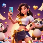Engage with llwin link as an Asian woman enjoys a smartphone casino game with a golden panda.