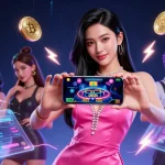 Engage with 66club's thrilling casino games in this vibrant 3D illustration featuring a confident woman showcasing live dealer gameplay.