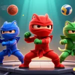 Experience betting action with VK88 in a vibrant 3D scene of chameleon ninjas and sports elements.