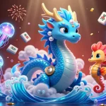 Join the excitement of sky88. with a vibrant depiction of a water dragon and seahorse knight amid glowing casino-themed elements.