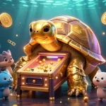 Engage with 8kbet’s vibrant 3D casino scene showcasing a golden tortoise pinball machine surrounded by crypto coins.