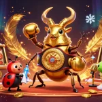Watch lucky88's golden stag beetle battle in a vibrant casino setting with slot reels and coins.