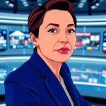News anchor delivering the latest news in a modern newsroom with vibrant screens.