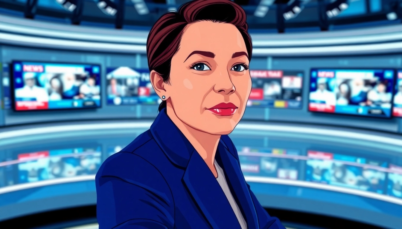 News anchor delivering the latest news in a modern newsroom with vibrant screens.