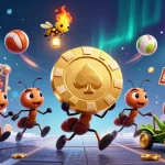 Bet29 showcases a thrilling scene with ants and a grasshopper in an exciting, action-packed gambling illustration.