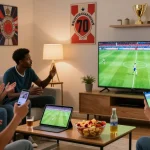 Excited fans enjoying bolakami live sports streaming on multiple devices in a cozy living room.