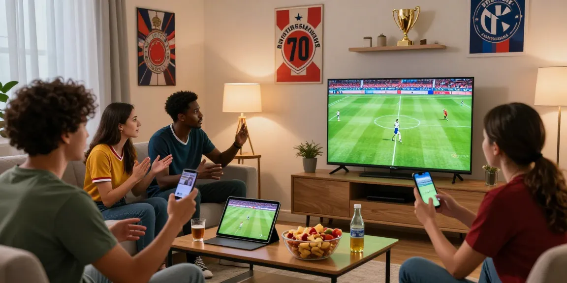 Excited fans enjoying bolakami live sports streaming on multiple devices in a cozy living room.