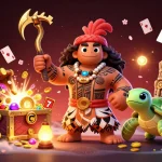 Experience the thrill of VA 88 with a vibrant 3D illustration featuring a lucky demigod, dynamic slot reels, and treasure.