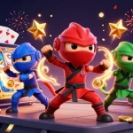 Bongdalu showcases a vibrant scene with ninja chameleons performing martial arts amidst dynamic gaming elements.