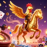 Experience the thrill of 79KING with dynamic casino elements featuring a golden rooster in a vibrant scene.
