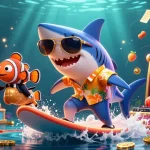 Experience the manclub thrill as a shark surfs waves of gold coins amidst exciting slot reels and playful marine characters.