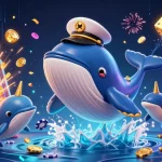 Visualize a cena vibrante no 79b cassino, com uma baleia elegante em um mar de moedas, interagindo com seres marinhos e elementos de cassino.