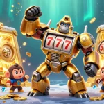Engage with Go8's immersive 3D casino scene showcasing thrilling cartoon slot mechs and treasures.