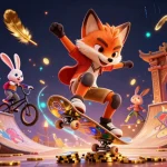 Akak entrar Akak cassino com um raposo skatista e coelho BMX em cena de cassino vibrante