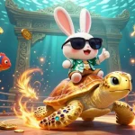 Experience the thrills at RR88, featuring a lucky rabbit on a golden turtle amidst casino excitement.
