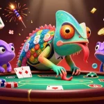 Engage with Roger the Chameleon at VK 88 poker table, surrounded by vibrant casino elements.