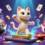Join the GO8 Egyptian mummy cat in a vibrant casino scene filled with slots and treasures.