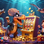 Experience TIP 88 with a cartoon dinosaur winning jackpots from a golden slot machine in a casino.