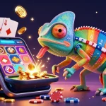 Experience nk88 with a vibrant illustration showcasing a chameleon casino owner catching golden coins among dynamic gaming elements.