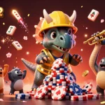 Experience dynamic 3D casino fun at hitclub52 with cheerful characters celebrating amid poker chips and festive elements.