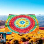 Analyze your destiny matrix chart depicted in a vibrant scene of self-discovery and enlightenment.