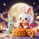 SHBET engages in fun with vibrant golden moon rabbit, dynamic casino elements, and festive energy.
