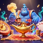 Experience the excitement of Febet with a vibrant 3D casino scene featuring a genie, poker chips, and golden jewels.