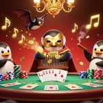 AAVIP showcases thrilling poker action with a cartoon penguin and golden coins in a vibrant casino scene.