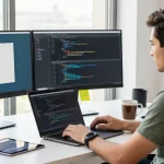 Developer reviewing Telegram download on dual monitors in a bright workspace.