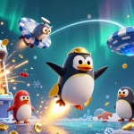 Experience excitement with the 81bet apk, featuring vibrant slot machines and a golden penguin in space.