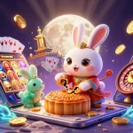 Experience thrilling gaming with 8GBET, featuring a moon rabbit uncovering poker chips.