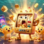 MGBET golden slot machine hitting jackpot surrounded by cheering buddies and exploding coins