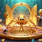 Bet on HZ88 as a golden spider spins a roulette wheel web surrounded by dazzling treasures