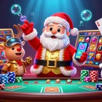 BOM 88 showcases a festive casino scene with Santa and friends celebrating slot wins.