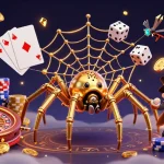 KUWIN’s vibrant casino scene shows a golden spider web of luck with dazzling game elements.