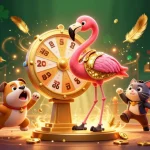 Nohu gameplay scene featuring a golden prize wheel and animated characters celebrating wins in a lively casino atmosphere.