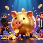 Experience thrilling wins at SHBET with a golden piggy bank sumo wrestler and action-packed casino elements.