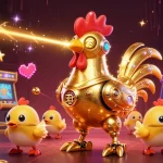Experience thrilling gameplay with WIN222's vibrant casino elements, featuring a golden rooster robot and dynamic game visuals.
