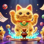 Engage with LLwin's dynamic gaming scene filled with vibrant lottery elements and a lucky cat.