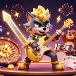Experience the thrill of mb66 with a vibrant rock star wolf and drummer bear in a dynamic casino scene.