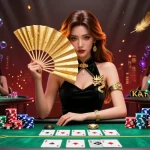 Experience vibrant poker action with 8kbet, featuring a glamorous Asian dealer and colorful poker elements.