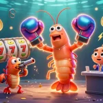 Jogando no 1uuu, uma ilustração 3D divertida com camarões e elementos de caça-níqueis e criptomoedas.