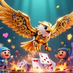 Experience the thrill of PK777 with a dynamic scene showcasing a cybernetic eagle amidst casino elements.