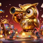 Experience thrilling slots at garuda303 with a golden owl watching over high-stakes action at a vibrant casino.