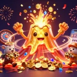 U888 players winning treasures as a golden volcano erupts coins and treasures in a vibrant casino scene.
