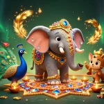 Experience the thrill of debet gaming with a vibrant 3D illustration of an elephant, peacock, and casino elements.