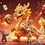 Experience thrilling gaming at Lucky888 with a vibrant casino scene featuring a dragon, golden gears, and festive decorations.