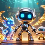 35bd's casino adventure illustrated with a cyberpunk robot, AI dragon, and bitcoin drone